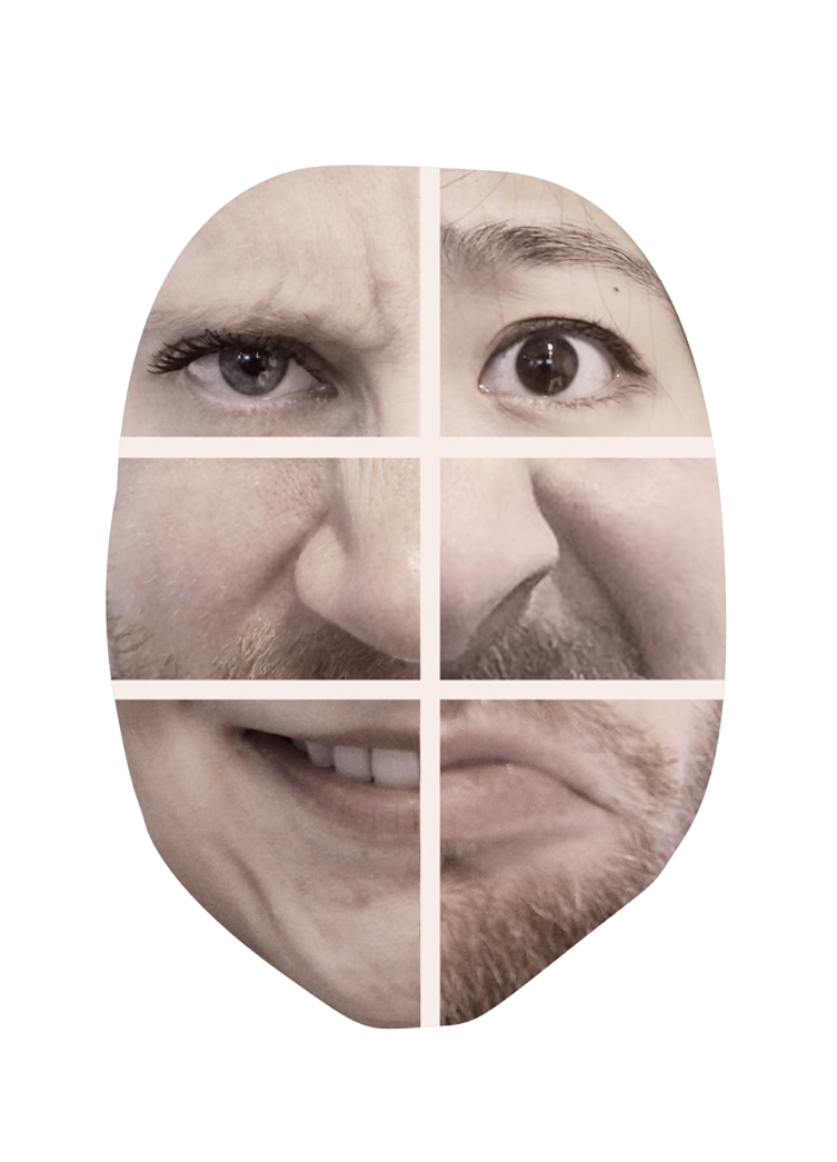 A single human face divided into six tiles, each showing a different emotional expression